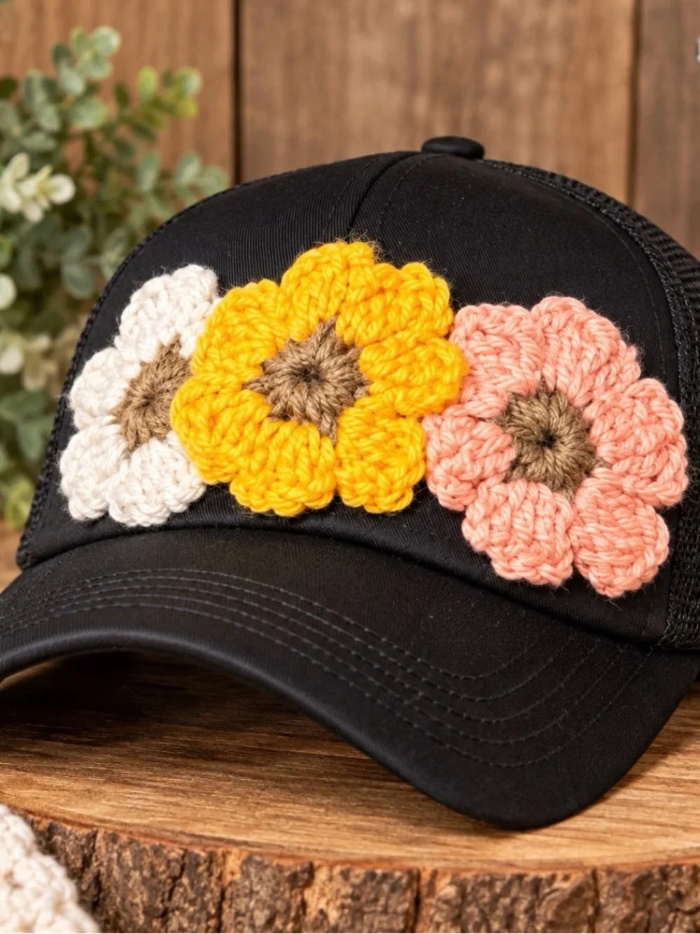 Black Floral Crochet Trucker Hat with Yellow, Peach & Cream Flowers
